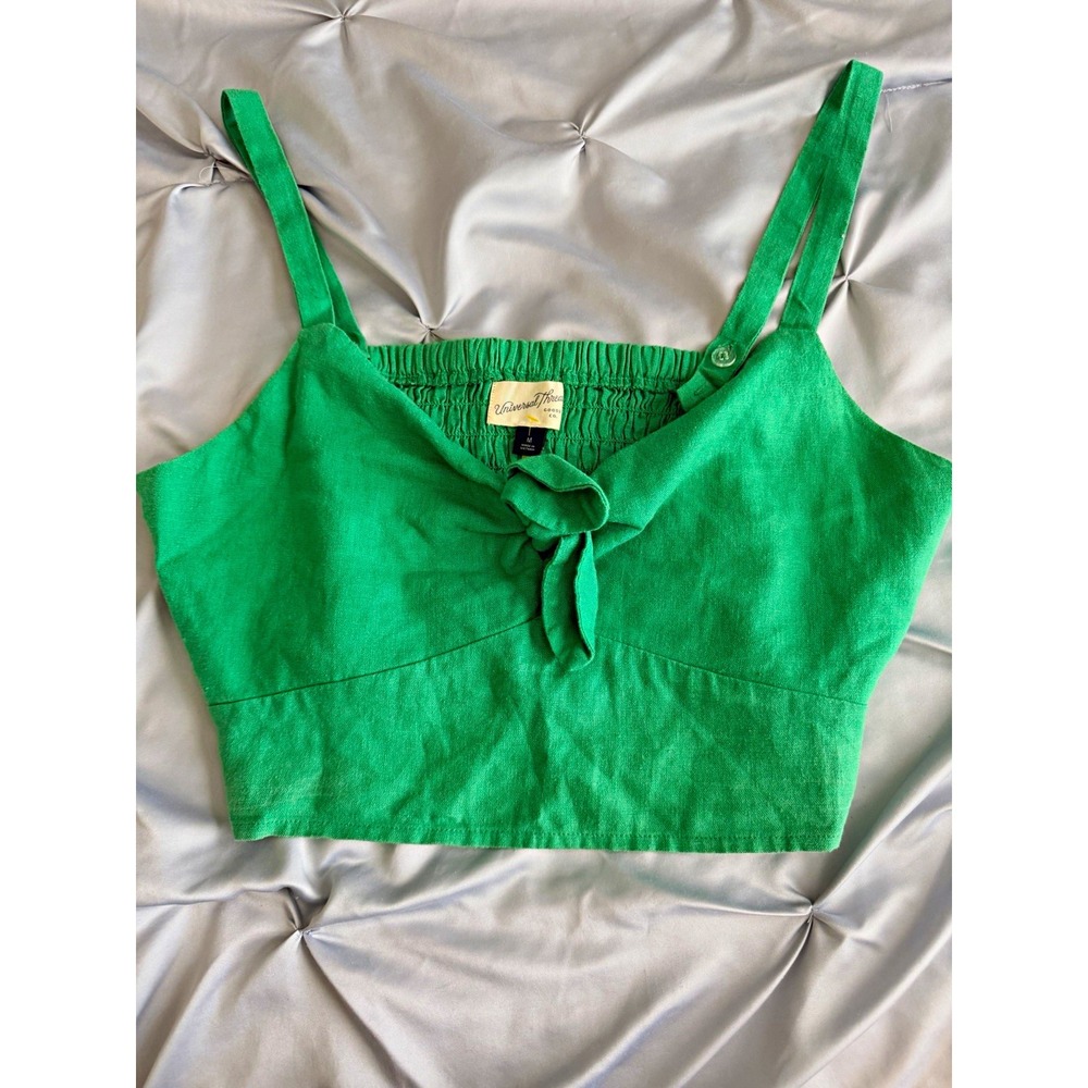 Universal Thread Green Solid Woven Linen Smocked Tie Front V-Neck Cami M